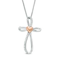 1/10 CT. T.w. Diamond Heart Center and Loop Cross Pendant in Sterling Silver and 10K Rose Gold