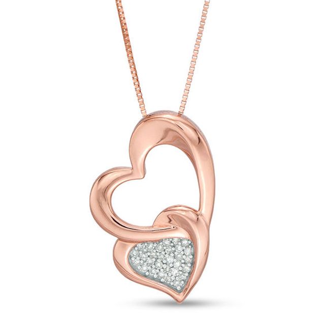1/15 CT. T.w. Composite Diamond Tilted Double Heart Pendant in Sterling Silver with 10K Rose Gold