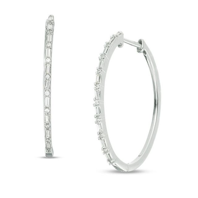 1/4 CT. T.w. Baguette and Round Diamond Hoop Earrings in 10K White Gold