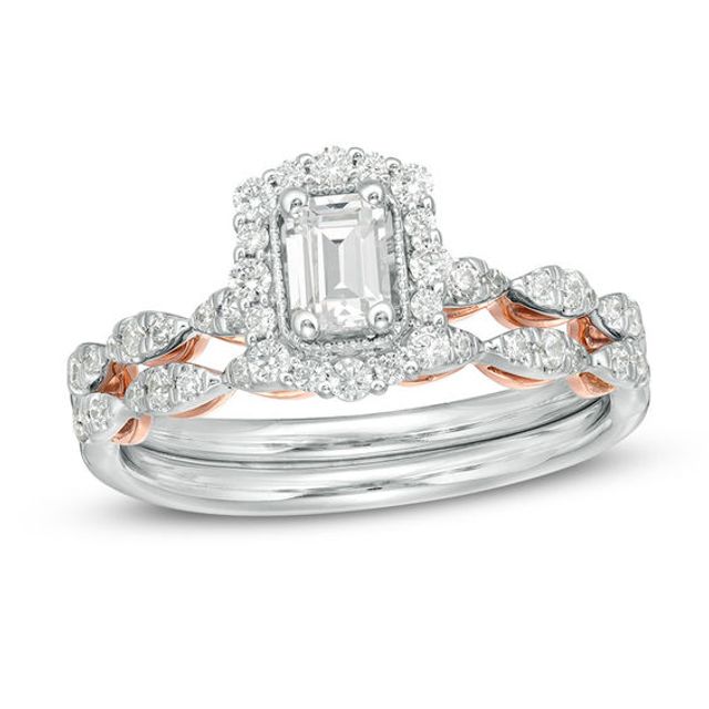 Celebration Ideal 3/4 CT. T.w. Emerald-Cut Certified Diamond Frame Scallop Shank Bridal Set in 14K Two-Tone Gold (I/Si2)