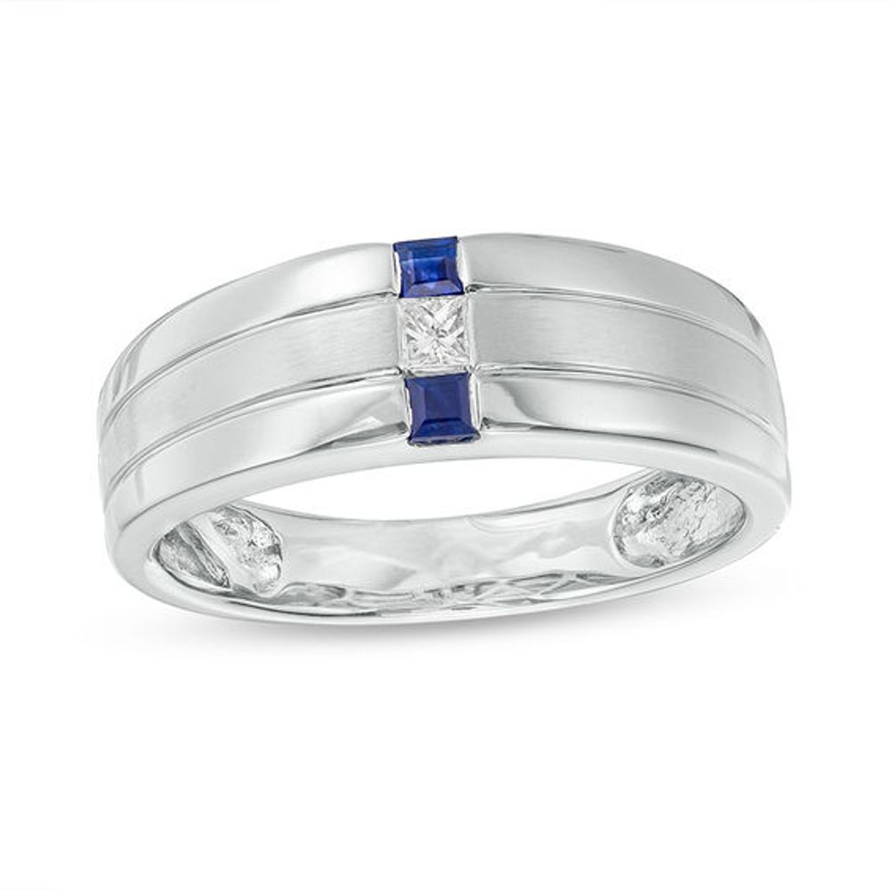 Men's Square-Cut Blue Sapphire and 1/15 CT. Diamond Linear Three Stone Ring in 10KWhite Gold