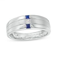 Men's Square-Cut Blue Sapphire and 1/15 CT. Diamond Linear Three Stone Ring in 10KWhite Gold