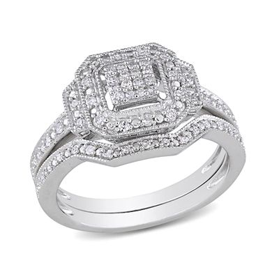 1/4 CT. T.w. Princess-Cut Composite Diamond Art Deco Bridal Set Sterling Silver