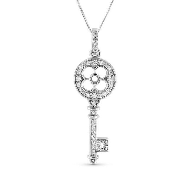 1/4 CT. T.w. Diamond Clover-Top Key Pendant in 14K White Gold