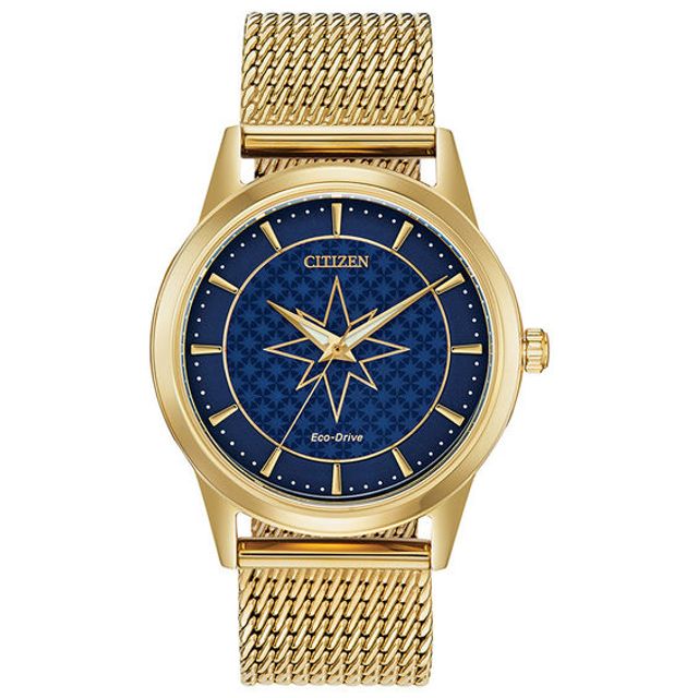 Ladies' Citizen Eco-DriveÂ® Captain Marvel Gold-Tone Mesh Watch with Blue Dial (Model: Fe7062-51W)