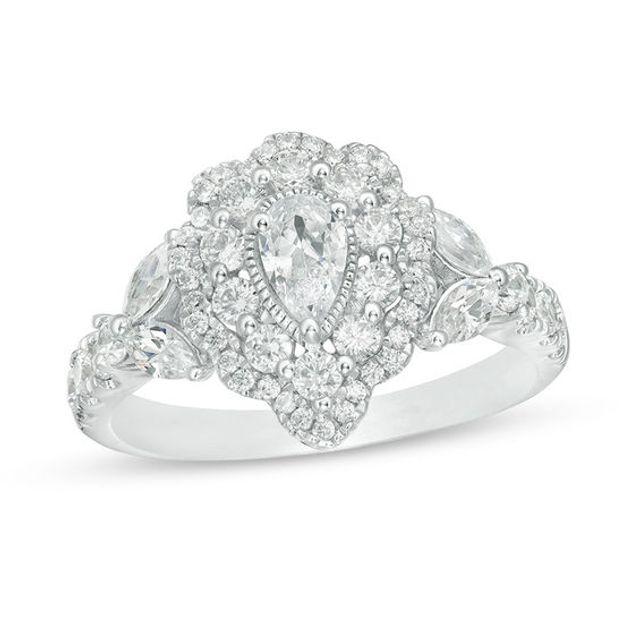 1-1/4 CT. T.w. Certified Pear-Shaped Diamond Double Scalloped Frame Engagement Ring in 14K White Gold (I/Si2)