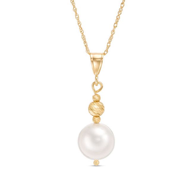 ImperialÂ® 8.5-9.0mm Freshwater Cultured Pearl and Diamond-Cut Bead Drop Pendant in 14K Gold