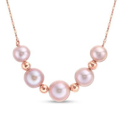 ImperialÂ® 7.0-10.0mm Pink Cultured Freshwater Pearl and Bead Graduated Five Stone Necklace in 14K Rose Gold