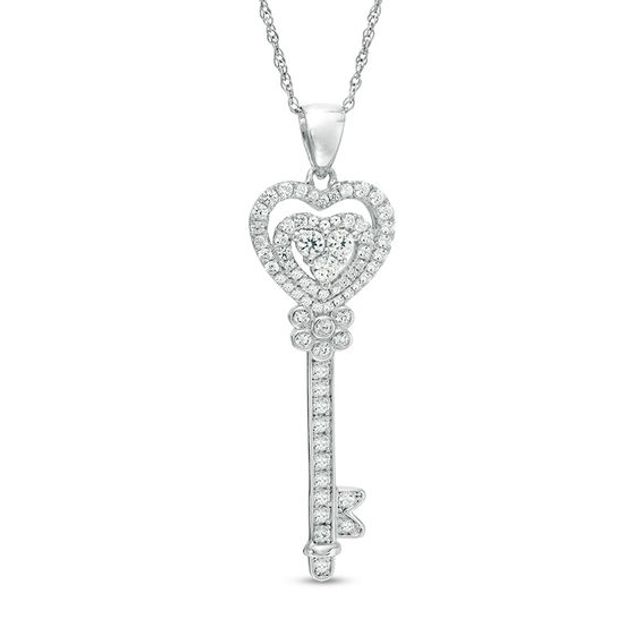 Lab-Created White Sapphire Heart-Top Key Pendant in Sterling Silver