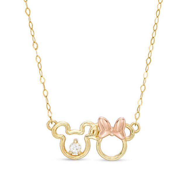 Disney Mickey and Minnie Mouse Sterling Silver Two Tone Cubic Zirconia  Necklace with Pink Heart, 18