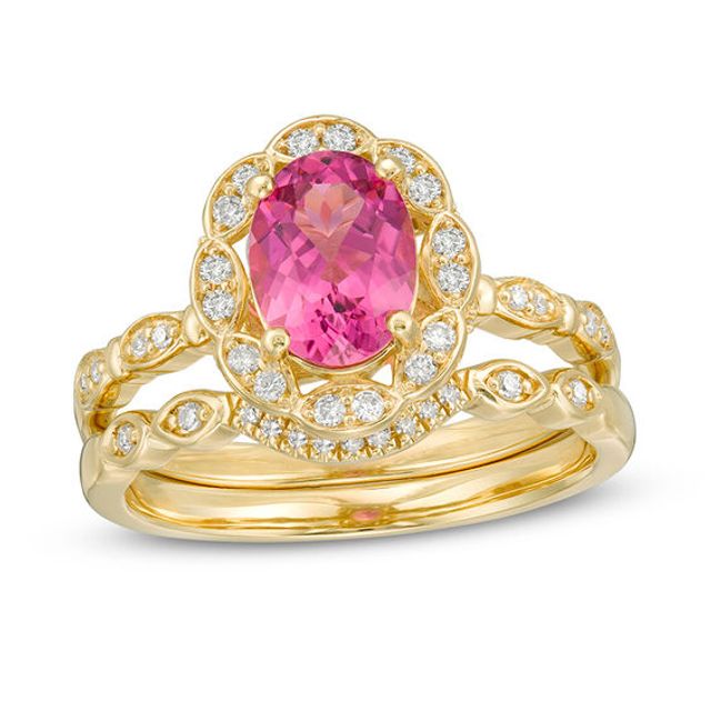Oval Pink Tourmaline and 1/4 CT. T.w. Diamond Petal Frame Floral Bridal Set in 14K Gold