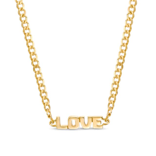 "Love" Curb Chain Choker Necklace in 14K Gold - 17"