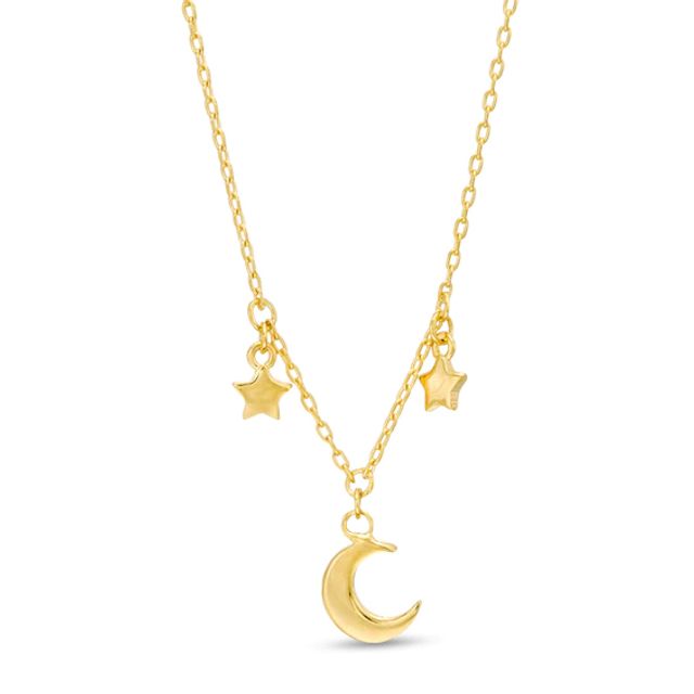 Mini Crescent Moon and Star Dangle Necklace in 14K Gold