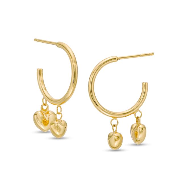 Double Puffed Heart Dangle J-Hoop Earrings in 14K Gold