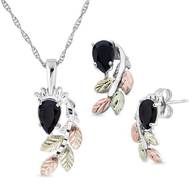 Black Hills Gold Pear-Shaped Onyx Vine Pendant and Drop Earrings Set in Sterling Silver