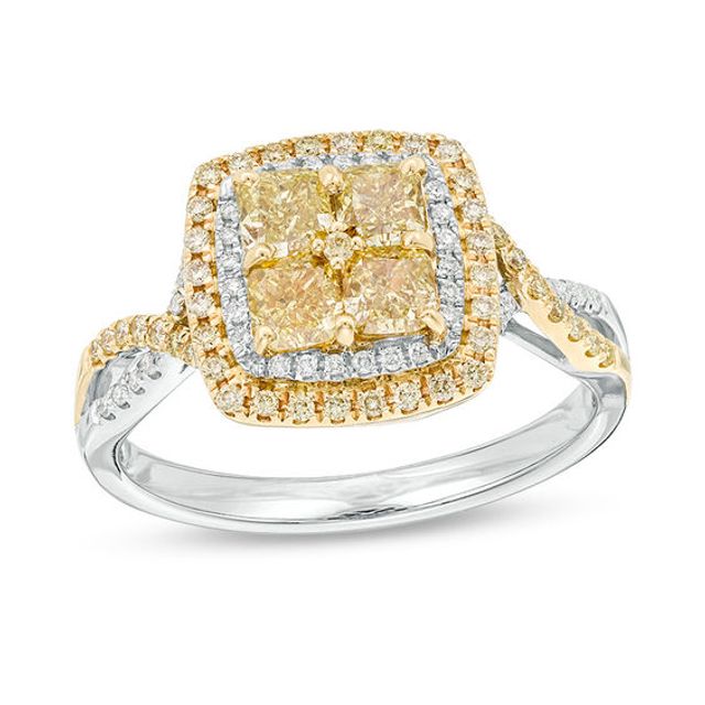 1-1/4 CT. T.w. Certified Quad Yellow Cushion-Cut and White Diamond Frame Engagement Ring in 14K Two-Tone Gold (Fancy/SI2)