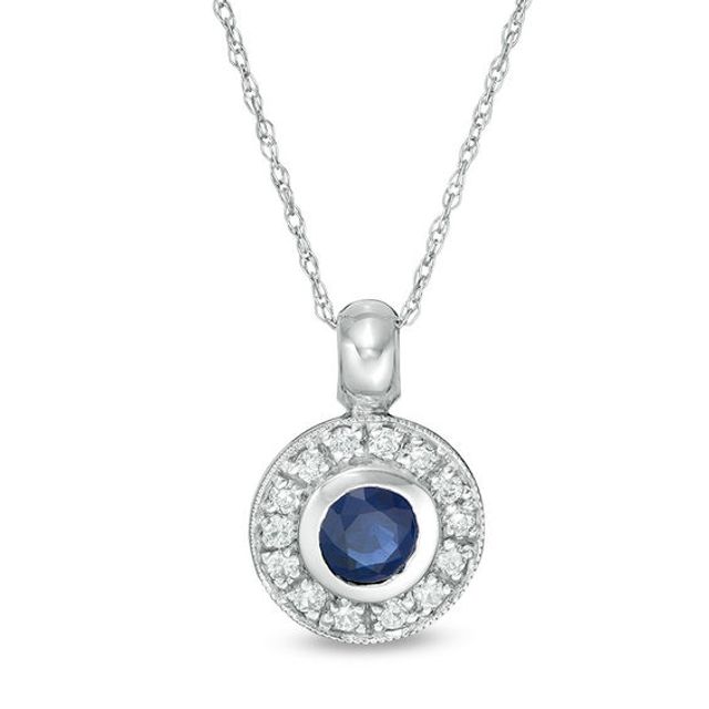 4.5mm Blue Sapphire and 1/6 CT. T.w. Diamond Open Frame Vintage-Style Pendant in 14K White Gold