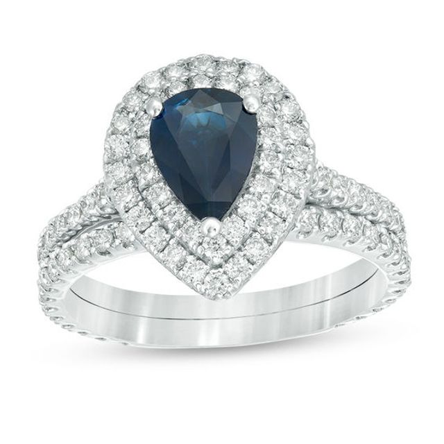 Pear-Shaped Blue Sapphire and 1 CT. T.w. Diamond Double Frame Bridal Set in 14K White Gold