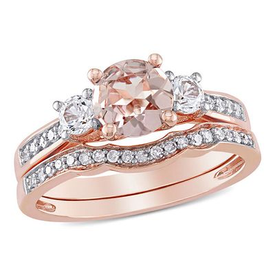 Morganite, Lab-Created White Sapphire and 1/8 CT. T.w. Diamond Three Stone Bridal Set in 10K Rose Gold