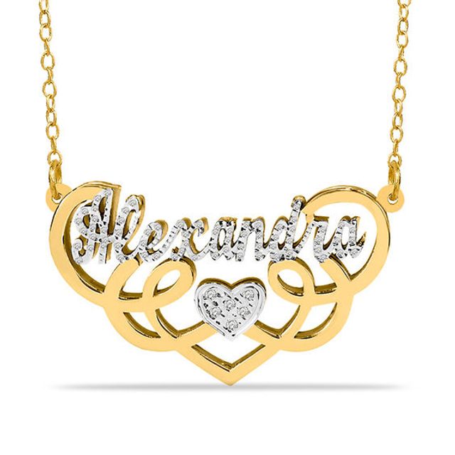 Beaded Script Name Swirling Chevron with Heart Accent Necklace in Sterling Silver and 14K Gold Plate (1 Line)