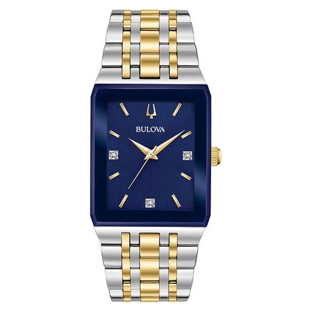 Men's Bulova Futuro Quadra Diamond Accent Two-Tone Watch with Rectangular Blue Dial (Model: 98D154)