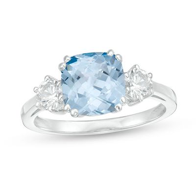8.0mm Cushion-Cut Lab-Created Blue Spinel and White Sapphire Three Stone Ring in Sterling Silver