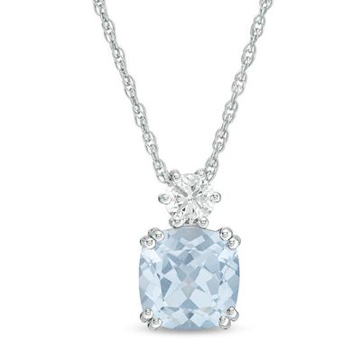 8.0mm Cushion-Cut Lab-Created Blue Spinel and White Sapphire Pendant in Sterling Silver