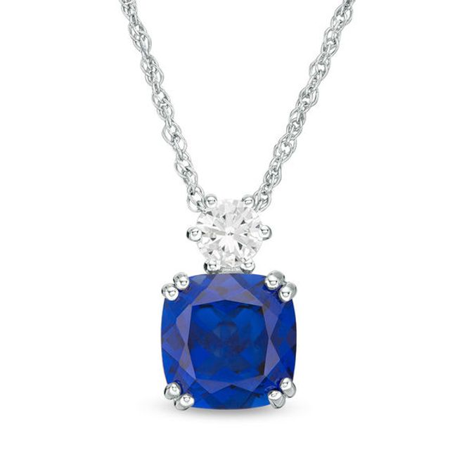 8.0mm Cushion-Cut Lab-Created Blue and White Sapphire Pendant in Sterling Silver