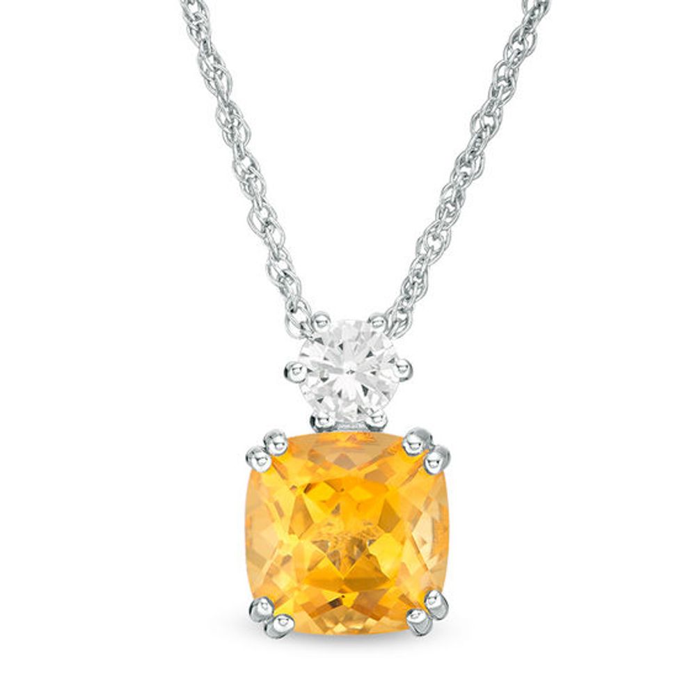 8.0mm Cushion-Cut Citrine and Lab-Created White Sapphire Pendant in Sterling Silver