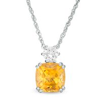 8.0mm Cushion-Cut Citrine and Lab-Created White Sapphire Pendant in Sterling Silver