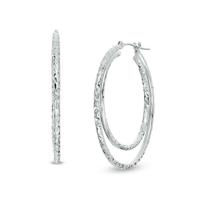 30.0mm Diamond-Cut Double Hoop Earrings in 10K White Gold