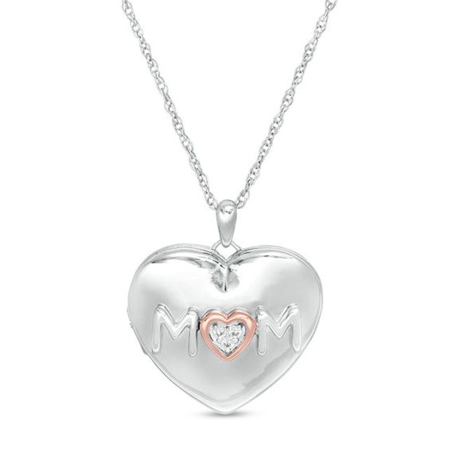 Diamond Accent Mom Heart Locket in Sterling Silver and 10K Rose Gold
