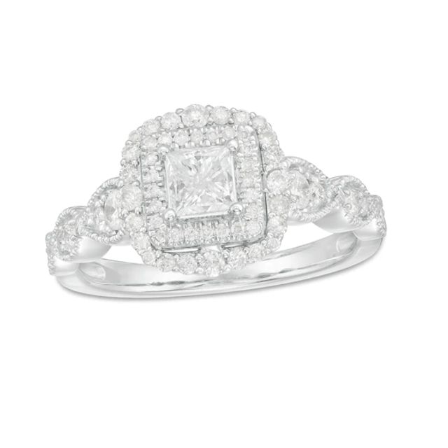 7/8 CT. T.w. Princess-Cut Diamond Double Frame Art Deco Vintage-Style Engagement Ring in 10K White Gold