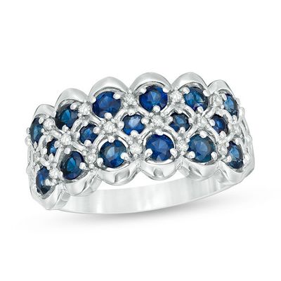 Blue Sapphire and 1/10 CT. T.w. Diamond Multi-Row Quilt Pattern Ring in 10K White Gold
