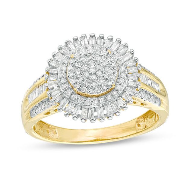 1/2 CT. T.w. Composite Diamond Double Frame Sunburst Ring in 10K Gold