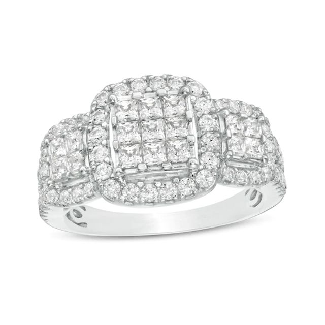 1-1/3 CT. T.w. Composite Diamond Cushion Frame Three Stone Ring in 10K White Gold