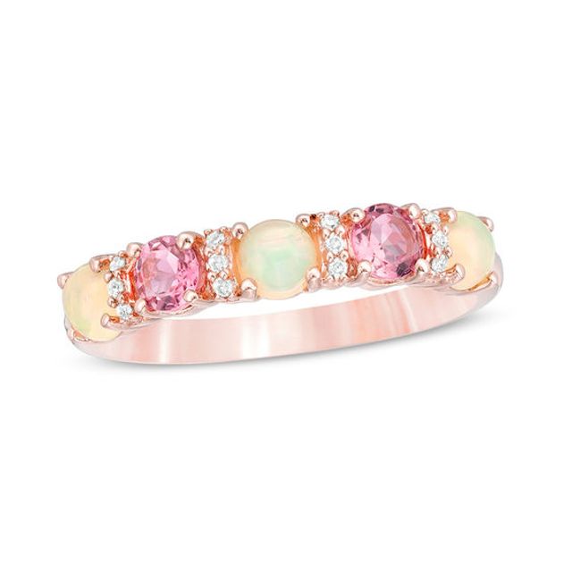 3.5mm Opal, Pink Tourmaline and Diamond Accent Alternating Five Stone Ring in 10K Rose Gold