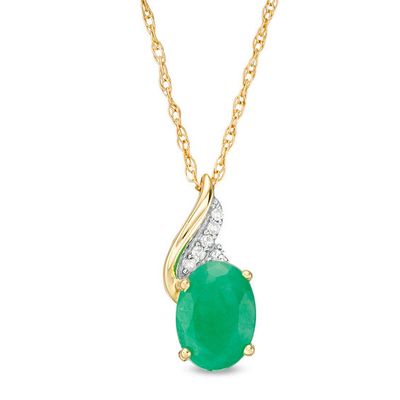 Oval Emerald and Diamond Accent Flame Pendant in 10K Gold