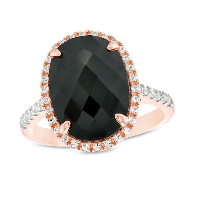 Oval Onyx and Lab-Created White Sapphire Frame Ring in Sterling Silver with 14K Rose Gold Plate