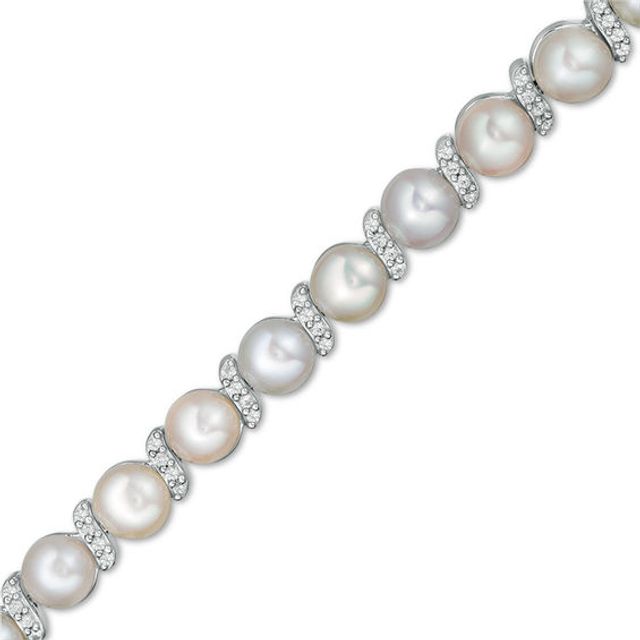 5.0mm Button Freshwater Cultured Pearl and Lab-Created White Sapphire "S" Bracelet in Sterling Silver-7.25"