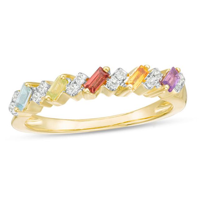 Baguette Multi-Gemstone and White Topaz Slant Five Stone Stackable Ring in 10K Gold