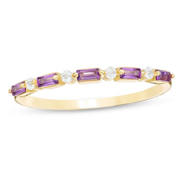 Baguette Amethyst and White Topaz Alternating Five Stone Stackable Ring in 10K Gold