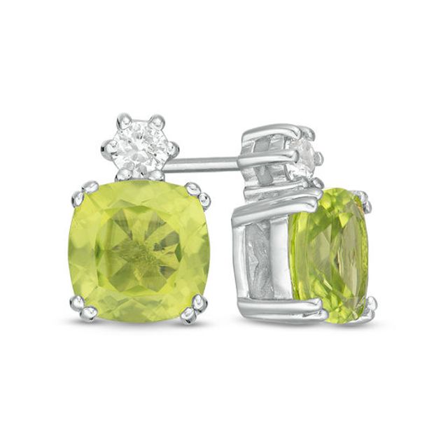 7.0mm Cushion-Cut Peridot and Lab-Created White Sapphire Stud Earrings in Sterling Silver