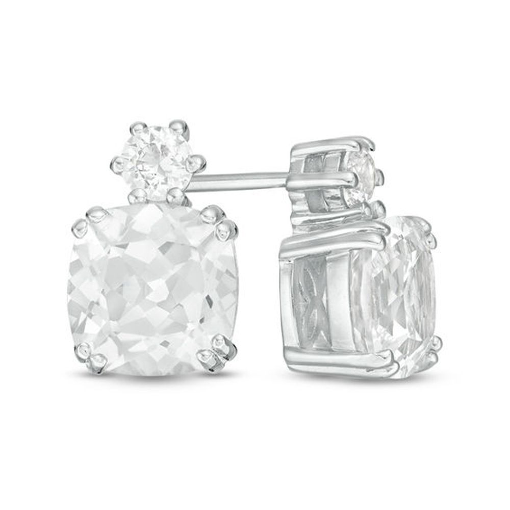 7.0mm Cushion-Cut and Round Lab-Created White Sapphire Stud Earrings in Sterling Silver