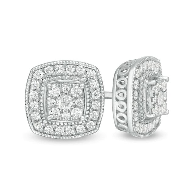 1/2 CT. T.w. Composite Diamond Cushion Frame Vintage-Style Stud Earrings in 10K White Gold