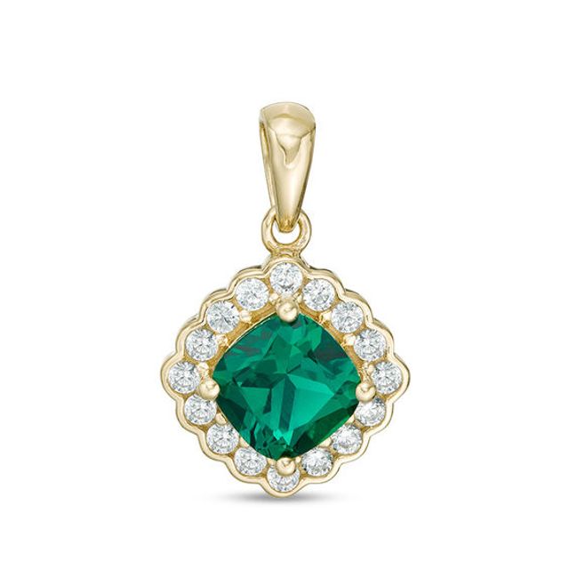 Cushion-Cut Lab-Created Emerald and White Sapphire Scallop Frame Pendant in Sterling Silver with 14K Gold Plate