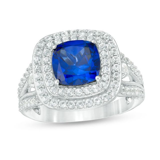 8.0mm Cushion-Cut Lab-Created Blue and White Sapphire Double Frame Split Shank Ring in Sterling Silver