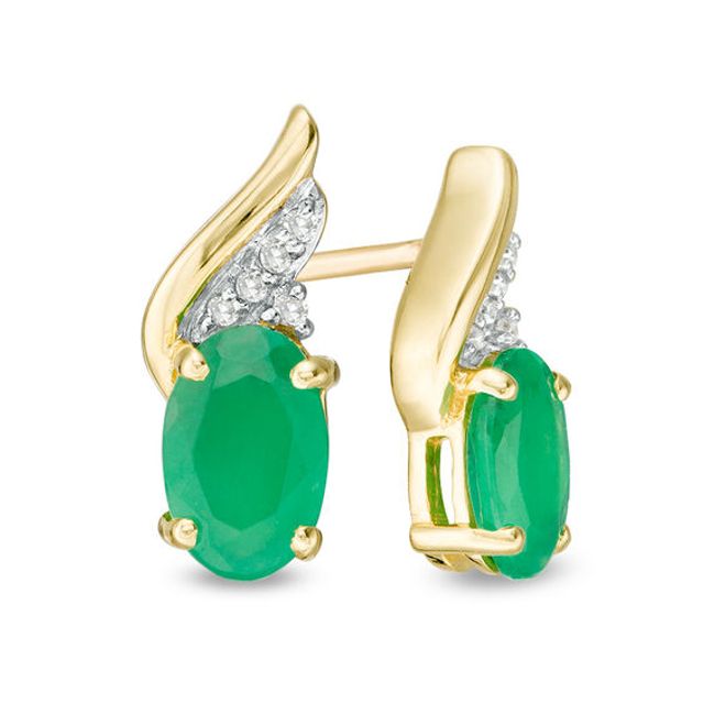 Oval Emerald and Diamond Accent Flame Drop Earrings in 10K Gold