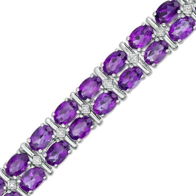 Oval Amethyst and Diamond Accent Double Row Bracelet in Sterling Silver - 7.25"