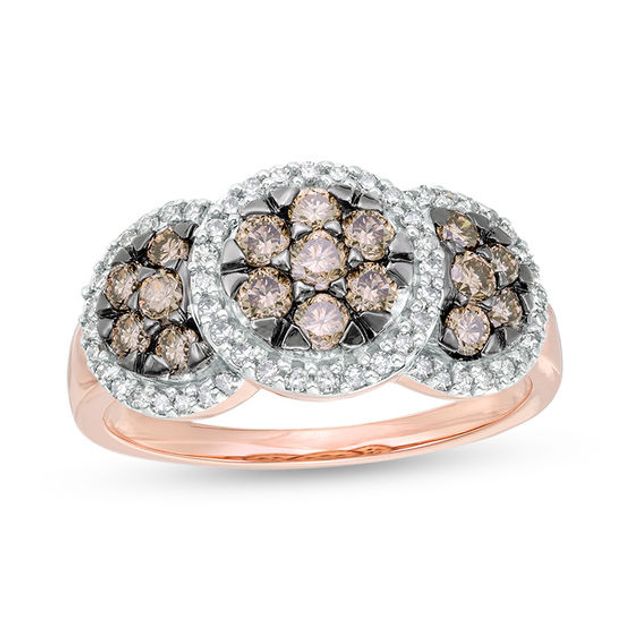 1 CT. T.w. Composite Enhanced Champagne and White Diamond Frame Three Stone Ring in 10K Rose Gold